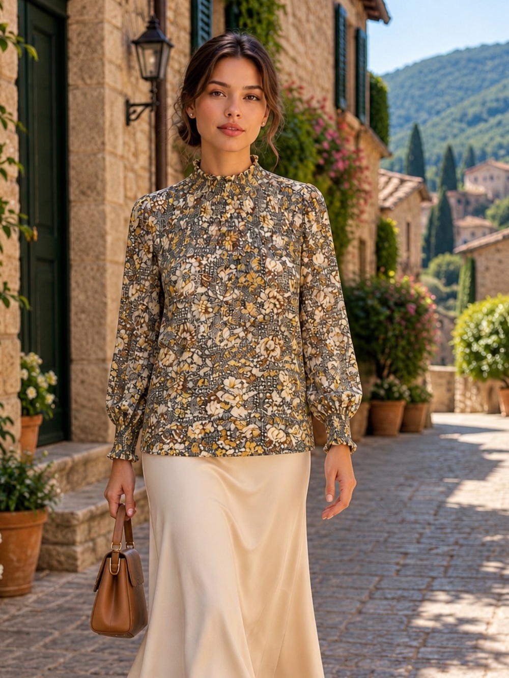 MAISON D’AMELIE PARIS Blouse M Mock Neck Long Sleeve Floral Lagenlook Smocked